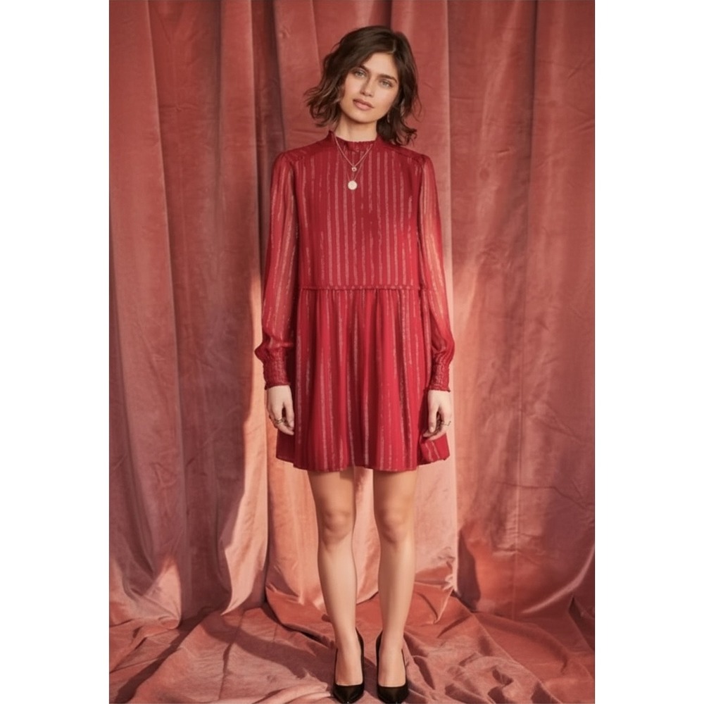 Sezane | Odile Silk Metallic Stripe Mini Dress 42/10 Burgundy Red Lurex Holiday